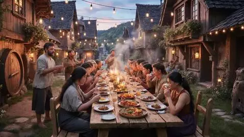 AI Video from prompt: Night hill-village festival. A long feast table 