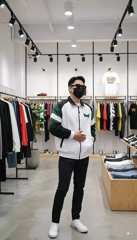 AI Video from prompt: Pria tersebut berpose modeling mempromosikan baj