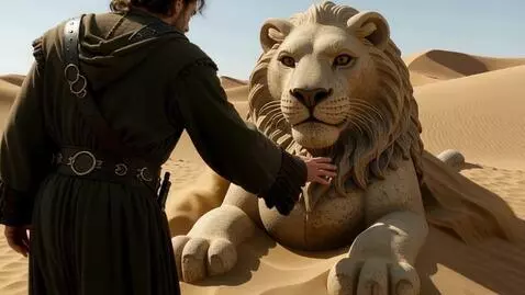 AI Video from prompt: A traveler touches a lion statue in the desert, 