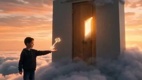AI Video from prompt: A boy with a glass key stands before a giant doo