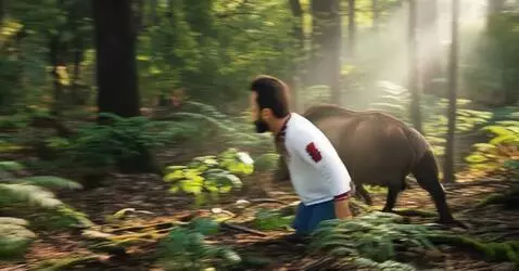 AI Video from prompt: The boar sees the man and chases after him. The 