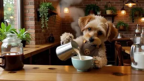 AI Video from prompt: a cute dog is working at a coffee shop as a barr