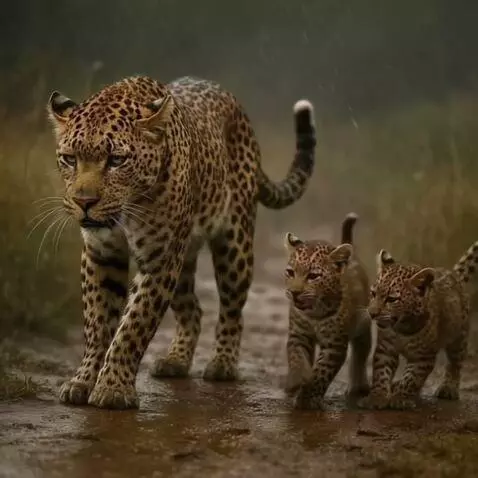 AI Video from prompt: Leopardul merge incet șchiopătând,iar pui se joa