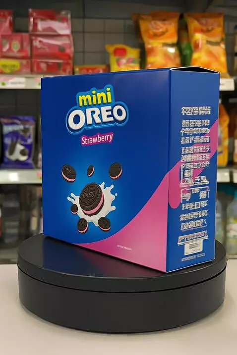 AI Video from prompt: "Video produk Mini Oreo Strawberry box ditempatk