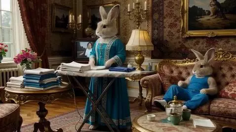 AI Video from prompt: Два милых пушистых зайца на задних лапах в комна