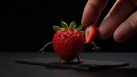 AI Video from prompt: make video with alive strawberry eating strawber