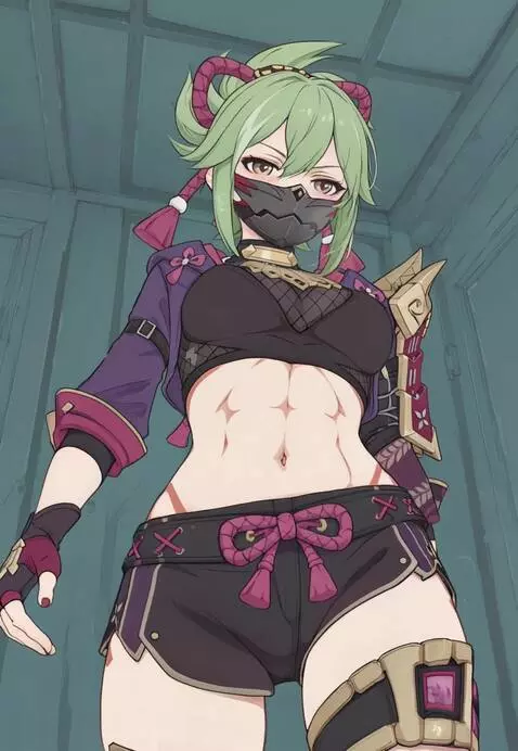 AI Video from prompt: Kuki Shinobu Genshin Impact, masked, view from b
