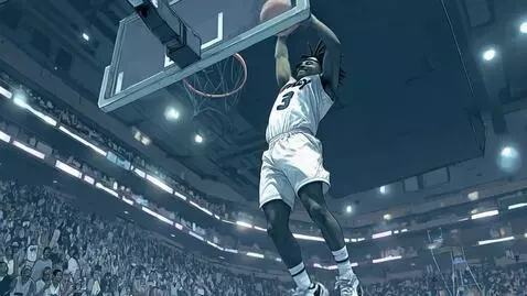 AI Video from prompt: Player completes s thunderous dunk with ball goi