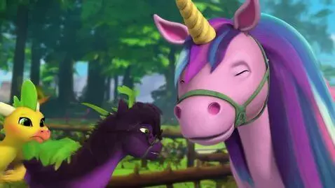 AI Video from prompt: fire dragon vs unicorn and girl