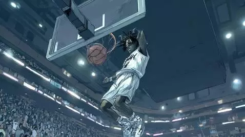 AI Video from prompt: Player completes s thunderous dunk with ball goi