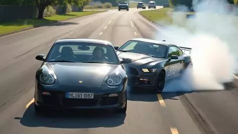 AI Video from prompt: Вид с дрона,две машины едут в дрифте,на ровной п