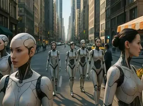 AI Video from prompt: В городе биороботов полдень  Камера движется как