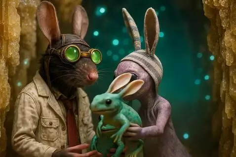 AI Video from prompt: purple alien hands its newt to the rat.