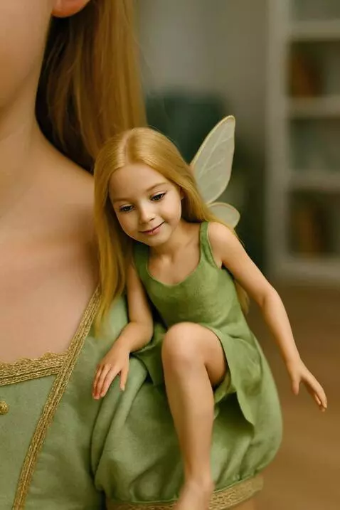 AI Video from prompt: A tiny fairy with golden hair, wearing a green d