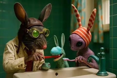 AI Video from prompt: the purple alien and the rat each brush the teet