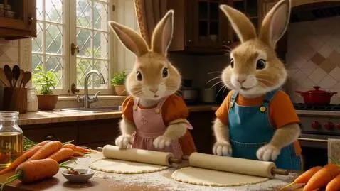 AI Video from prompt: Два милых пушистых зайца на задних лапах на уютн