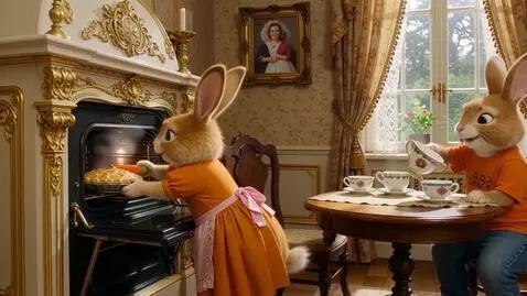 AI Video from prompt: Два милых пушистых зайца на задних лапах на уютн