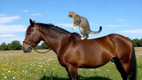 AI Video from prompt: the cat jumped off the horse with a backflip