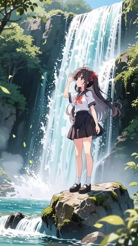 AI Video from prompt: В водопаде вода льётся вниз девочка из аниме маш