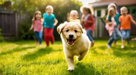 AI Video from prompt: Happy puppy 2 running in the yard with kids