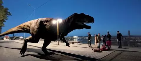 AI Video from prompt: Динозавр идёт разрушает