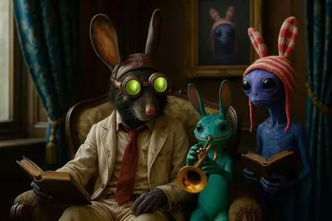 AI Video from prompt: The newt plays the trumpet. The rat and alien lo