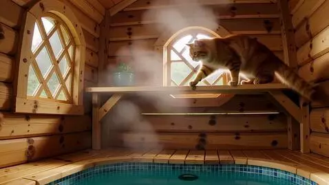 AI Video from prompt: resolution 9:16 red cat in sauna jumps from shel