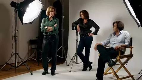 AI Video from prompt: Three characters at a photo shoot posing for the