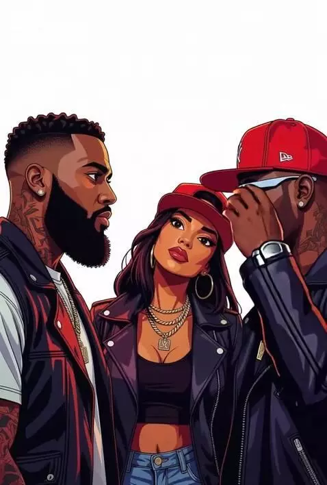 AI Video from prompt: 3 characters look at the camera, posing for pres