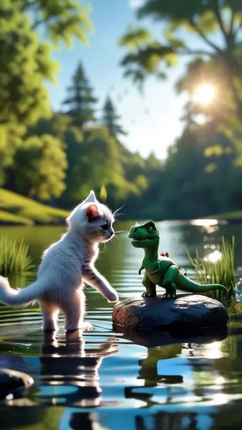 AI Video from prompt: A kitten is playing near a lake and notices a sm