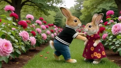 AI Video from prompt: Два милых пушистых зайца на задних лапах в краси