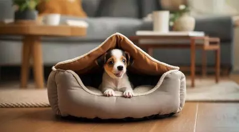 AI Video from prompt: Adorable tiny puppy with big eyes playing undern