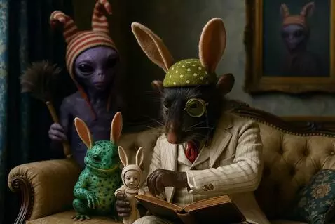 AI Video from prompt: The green newt and the doll watch the book as th