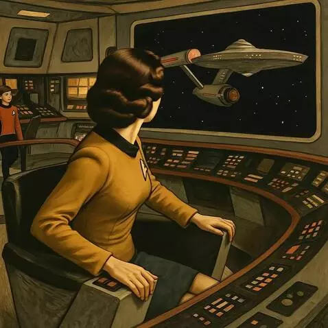 AI Video from prompt: Woman in the USS Enterprise bridge is looking at