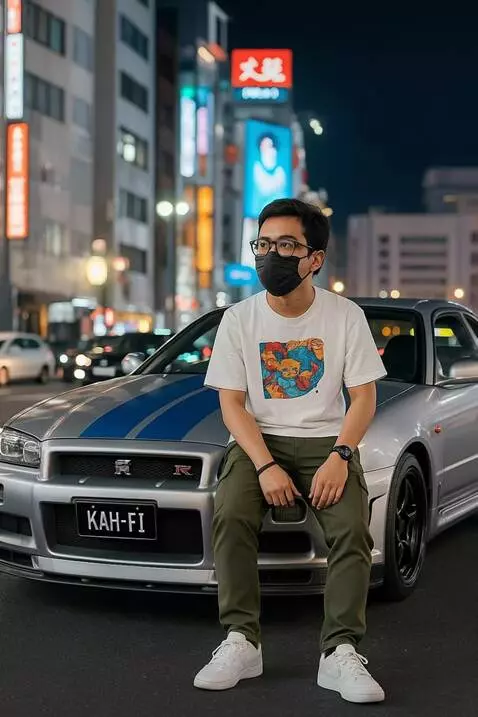 AI Video from prompt: Buat orang yang ada di foto ini berdiri membelak