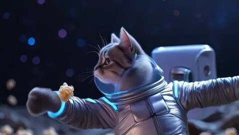 AI Video from prompt: a cat astronaut in zero gravity chased a popcorn