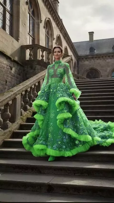 AI Video from prompt: Fotomodelul , zâmbitoare,coboară ușor pe trepte.