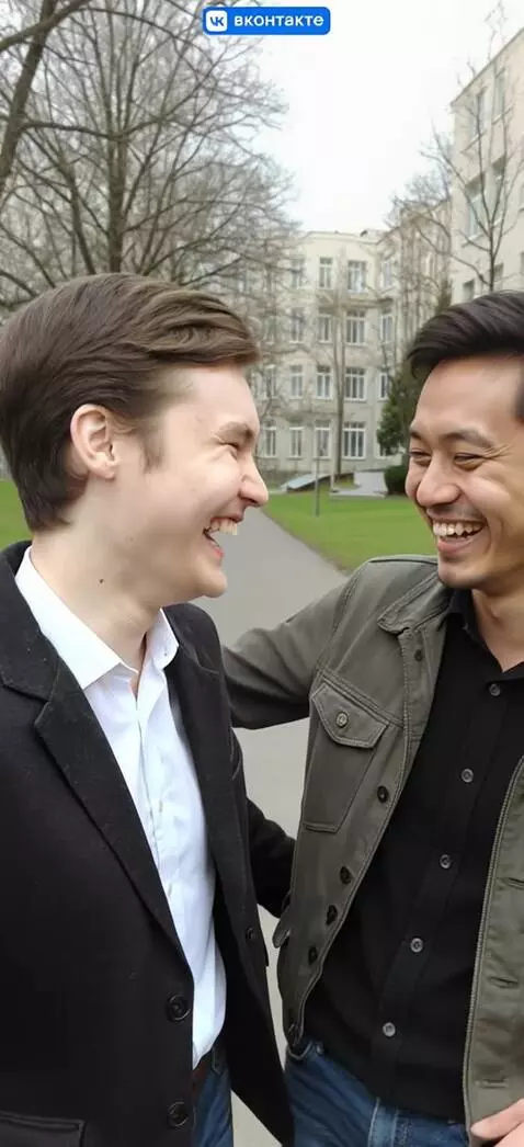 AI Video from prompt: Two friends laugh and hug each other