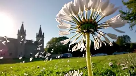 AI Video from prompt: Белый одуванчик растет на зеленой солнечной лужа