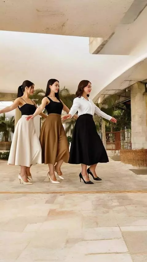 AI Video from prompt: Ke 3 wanita berjoget seirama dan gerakannya sama