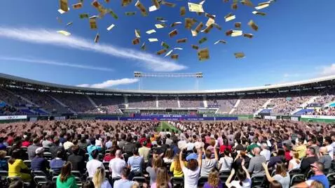 AI Video from prompt: Money falling from the skies into football stadi