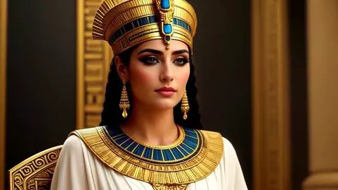 AI Video from prompt: Close-up view of Queen Cleopatra seated on her g