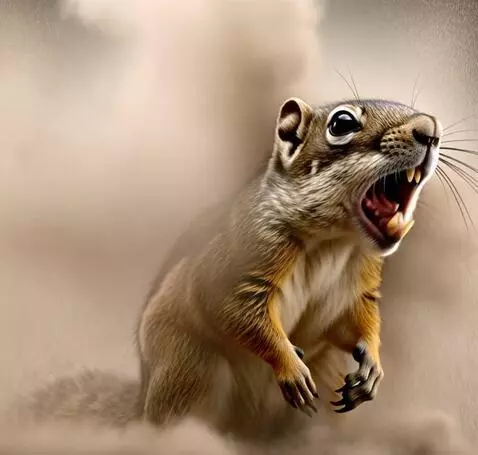 AI Video from prompt: Screaming squirrel fully becomes dust and dust s