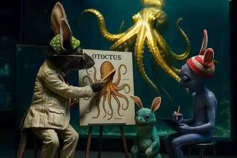 AI Video from prompt: Octopus swims gently as rat uses pointer to poin