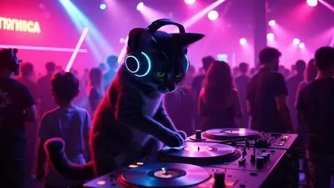AI Video from prompt: Animated music video of a cool cat DJ wearing he