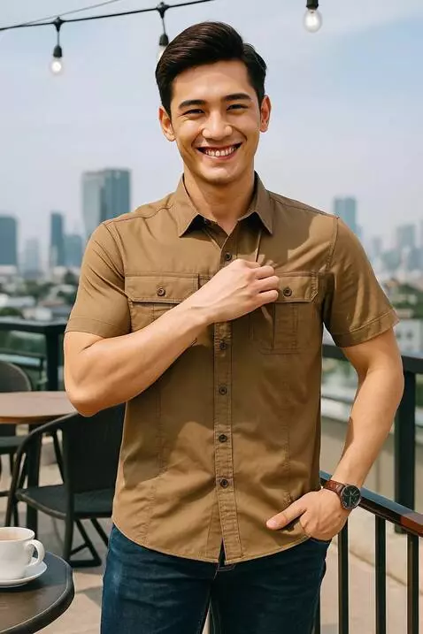 AI Video from prompt: pria ini sedikit menarik baju dibagian dadaya me