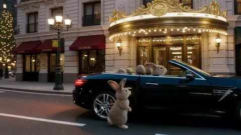 AI Video from prompt: Два милых пушистых зайца на задних лапах он в  ч