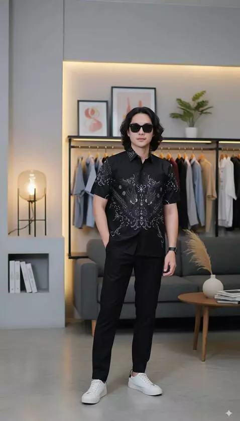 AI Video from prompt: Pria tersebut mempromosikan baju batik yang di p