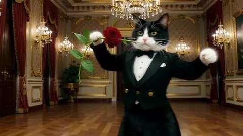 AI Video from prompt: Кот в смокинге танцует танго с розой в зубах