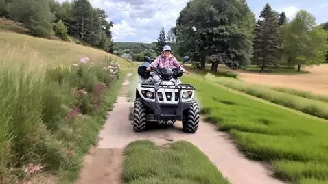 AI Video from prompt: квадроцикл с женщиной быстро двигается по дороге